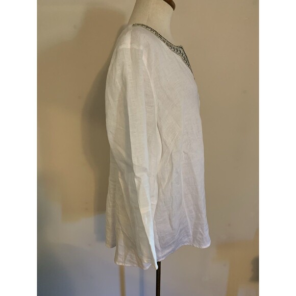 J Jill Love Linen Shirt Womans LP White Linen Tunic Blouse Gold Bead Applique - Picture 3 of 7